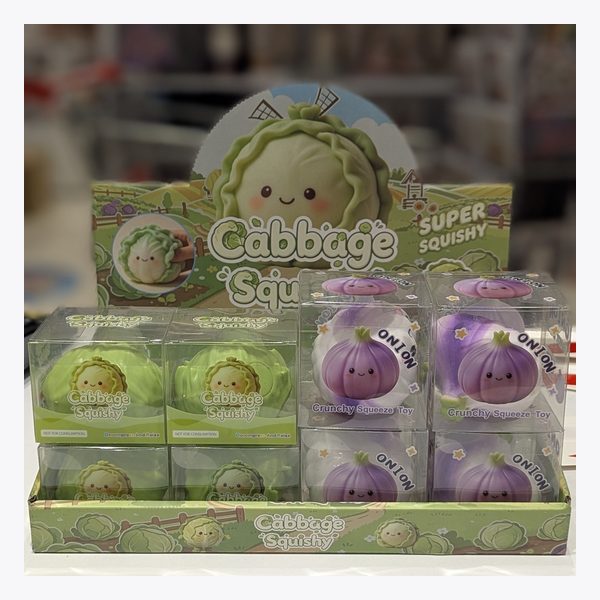 Gniotki w kształcie warzyw — zielona kapusta Cabbage Squishy i fioletowa cebula