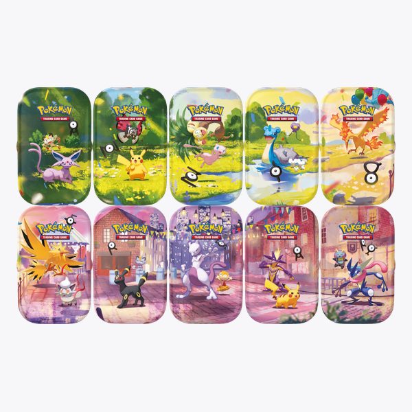 Dziesięć wzorów Mini Tin Pokémon TCG: 30th Celebration — małe puszki z grafikami Pokémonów