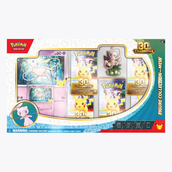 Pokémon TCG: 30th Celebration Figure Collection — Mew, pudełko z figurką Mew, kartami i boosterami