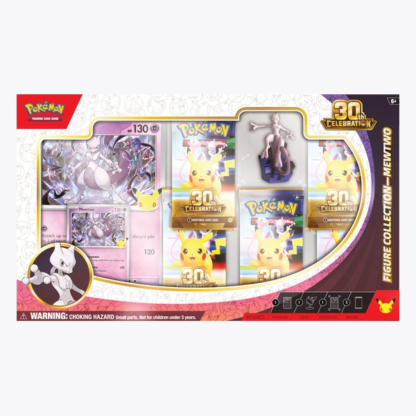 Pokémon TCG: 30th Celebration Figure Collection — Mewtwo, pudełko z figurką Mewtwo, kartami i boosterami