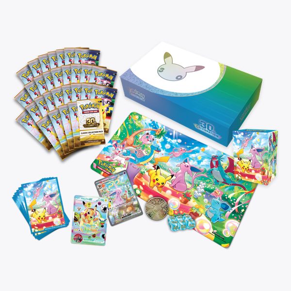 Pokémon TCG: 30th Celebration Ultra-Premium Collection Day — boostery, mata z Pikachu i Espeonem, karty promo, koszulki i moneta