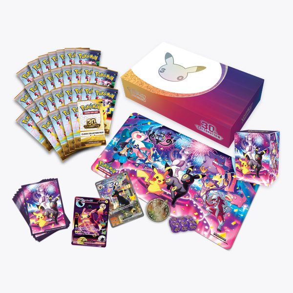 Pokémon TCG: 30th Celebration Ultra-Premium Collection Night — boostery, mata z Pikachu i Umbreonem, karty promo, koszulki i moneta