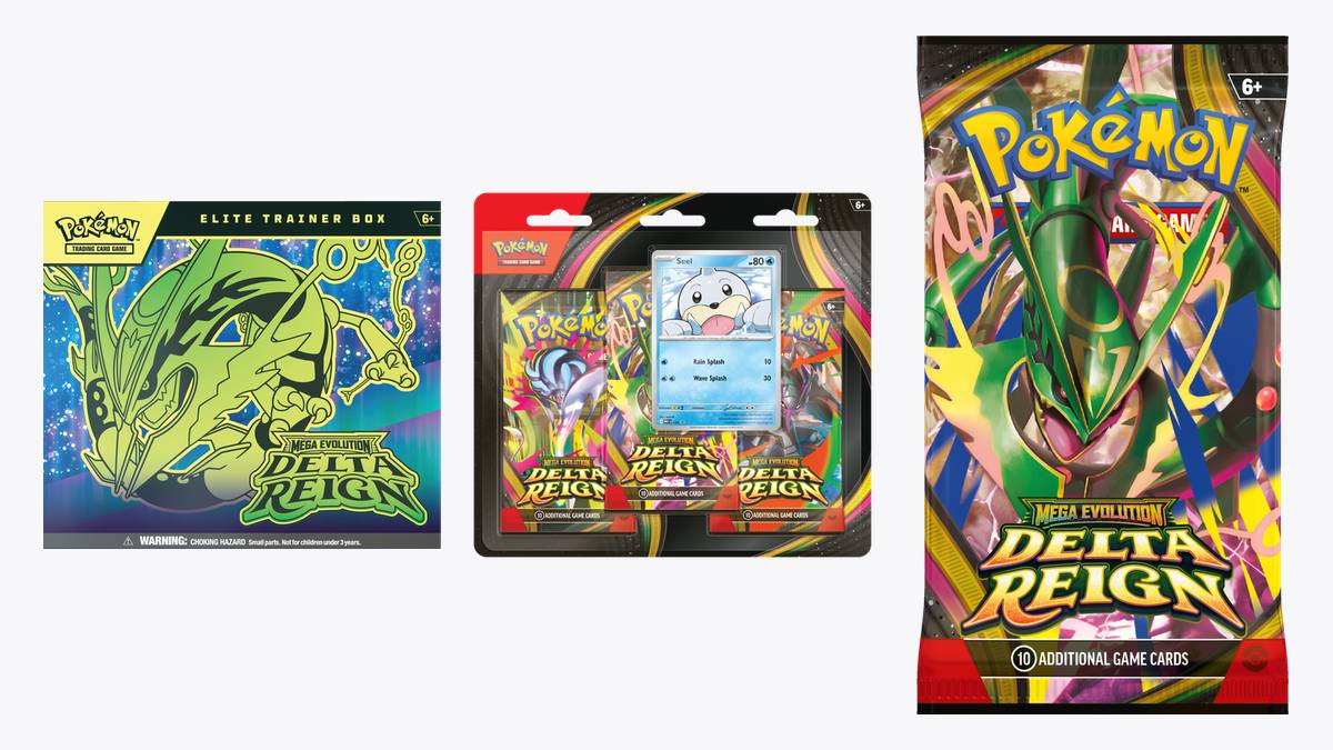 Zestawy Pokémon TCG: Mega Evolution—Delta Reign — Elite Trainer Box z Mega Rayquazą, blister z trzema boosterami i kartą Seel oraz booster