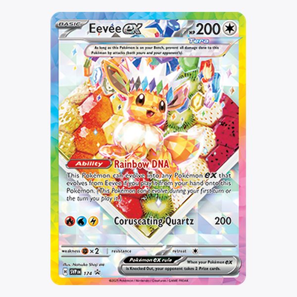 Karta promo Eevee ex z zestawu Prismatic Evolutions Super-Premium Collection — Eevee jako Pokémon Tera ex typu Stellar