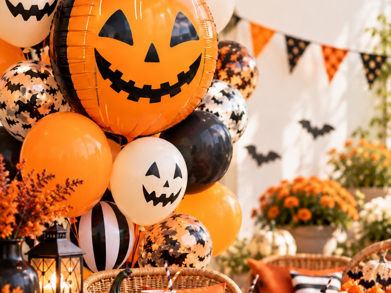 Bukiet balonów na Halloween — foliowa dynia i balony z buziami dyni nad stołem nakrytym na przyjęcie