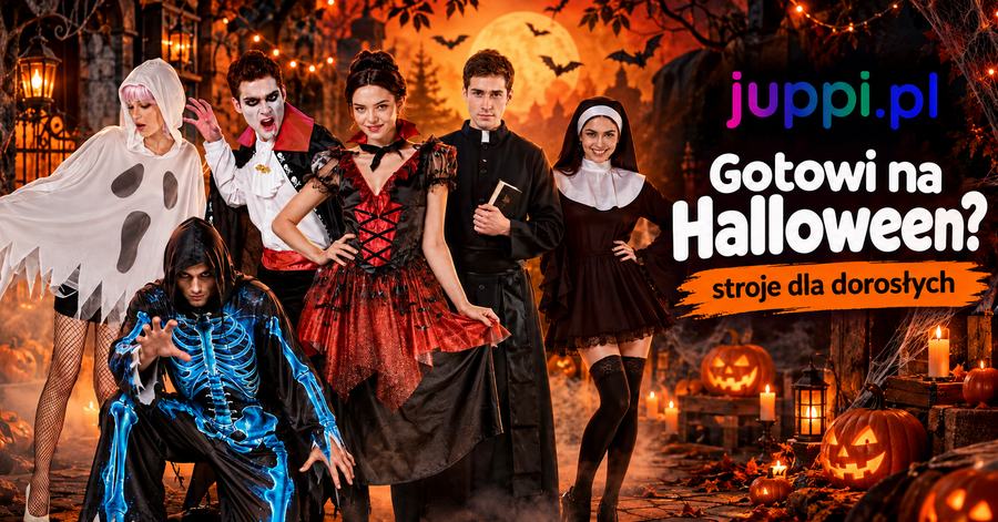 Grafika „Gotowi na Halloween? stroje dla dorosłych” — dorośli w strojach ducha, wampira, wampirzycy, kościotrupa, księdza i zakonnicy