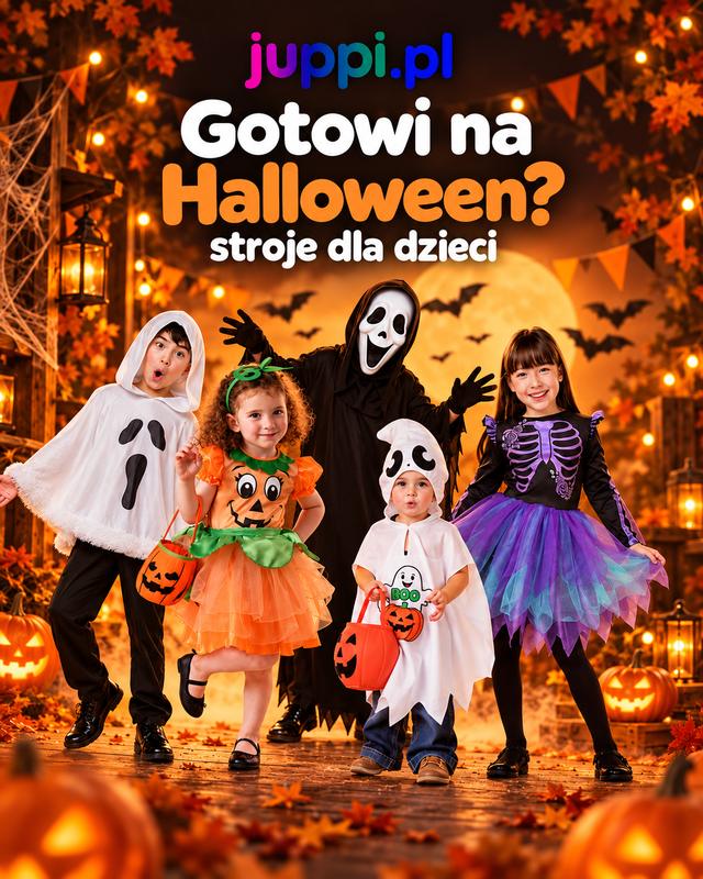 Grafika „Gotowi na Halloween? stroje dla dzieci” — dzieci w strojach duszka, dyni i kościotrupa