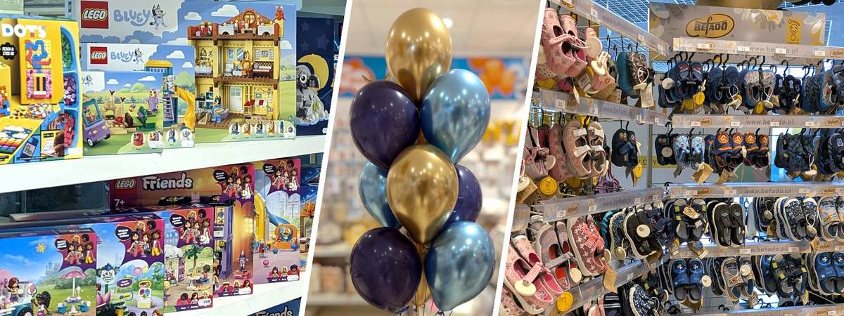 Sklep juppi, Galeria Mallwowa, Poznań-Skórzewo: klocki LEGO, bukiet balonów z helem i kapcie Befado