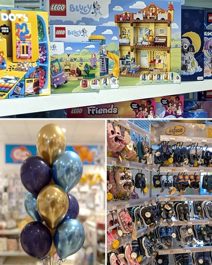 Sklep juppi, Galeria Mallwowa, Poznań-Skórzewo: klocki LEGO, bukiet balonów z helem i kapcie Befado
